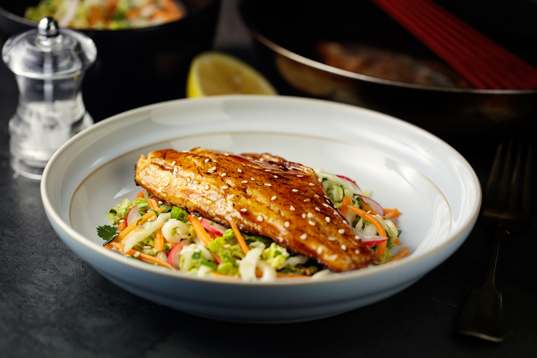 teriyaki seabass with Oriental slaw