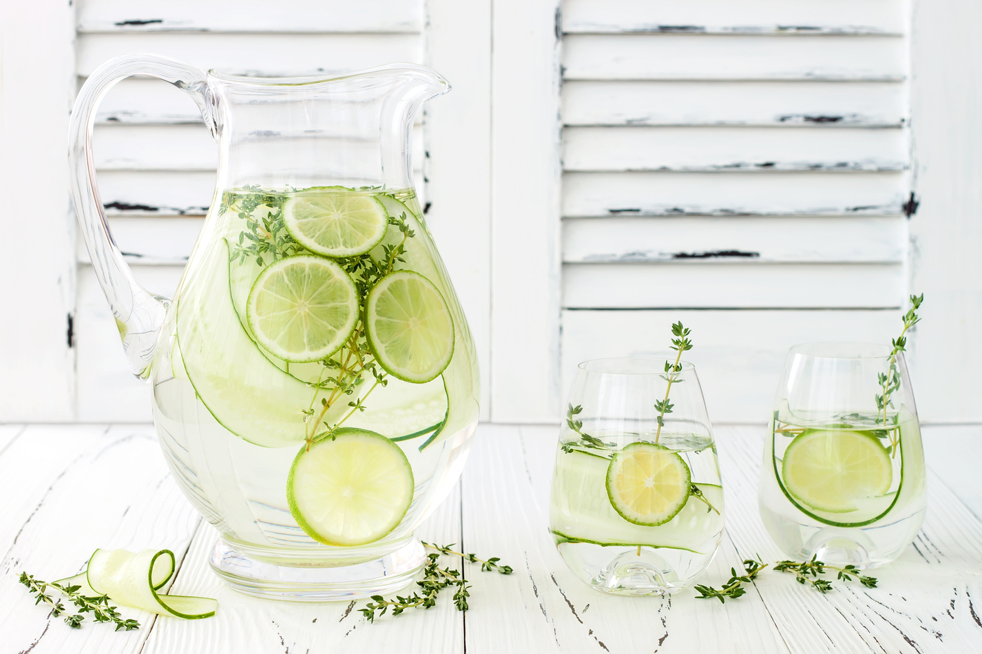 Cucumber infused hydrating water with thyme and lime