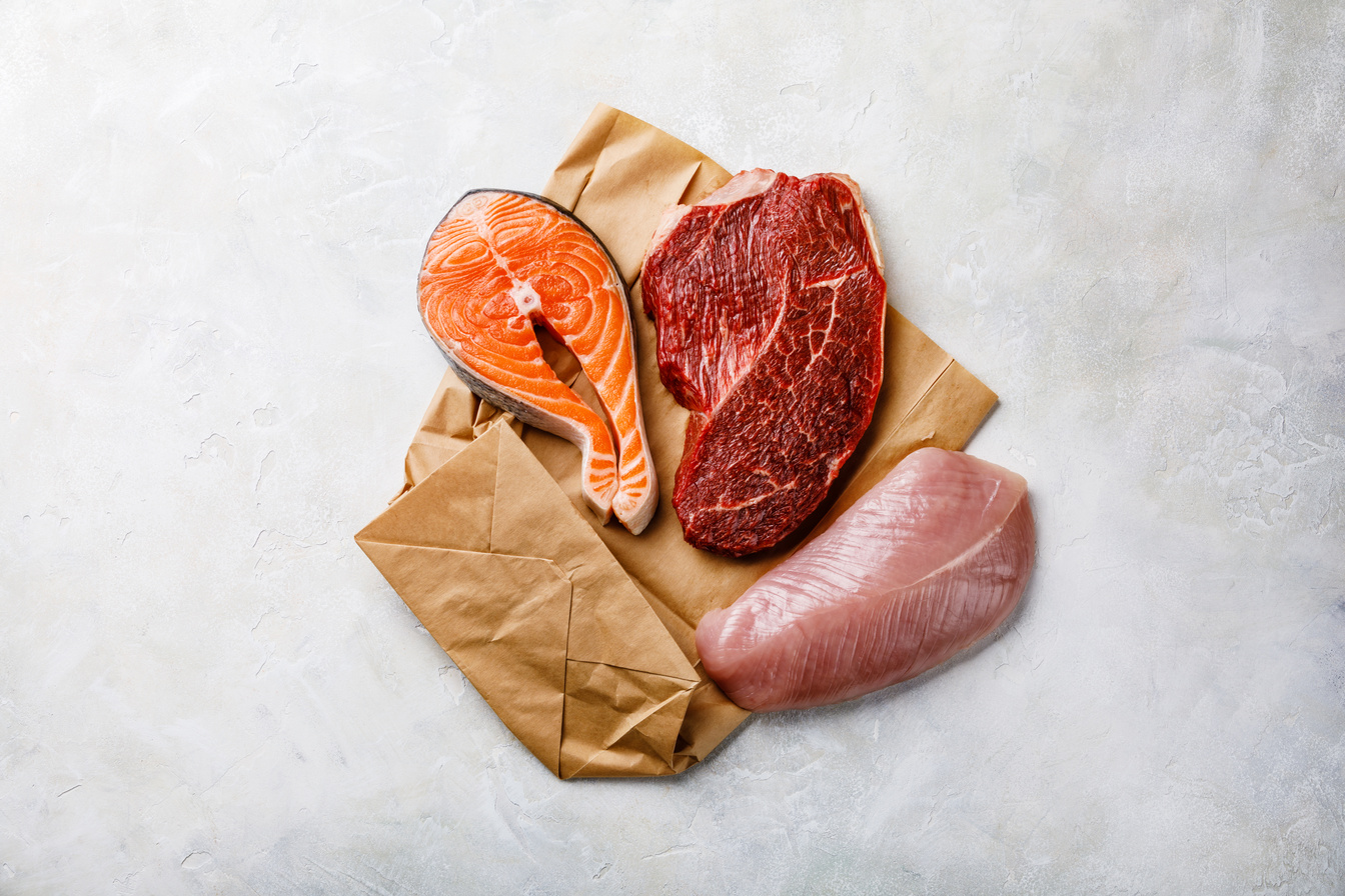 Raw Food Salmon Oily Fish Steak, Beef Meat and Turkey Breast on